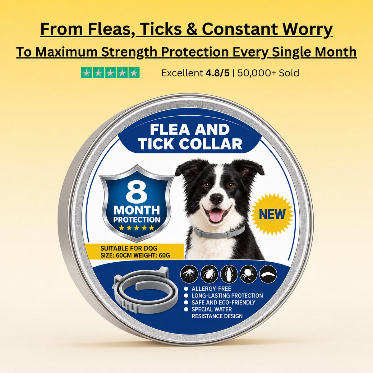 Flea & Tick Collar — Maximum Strength Protection Against Fleas, Ticks & Lice for Dogs