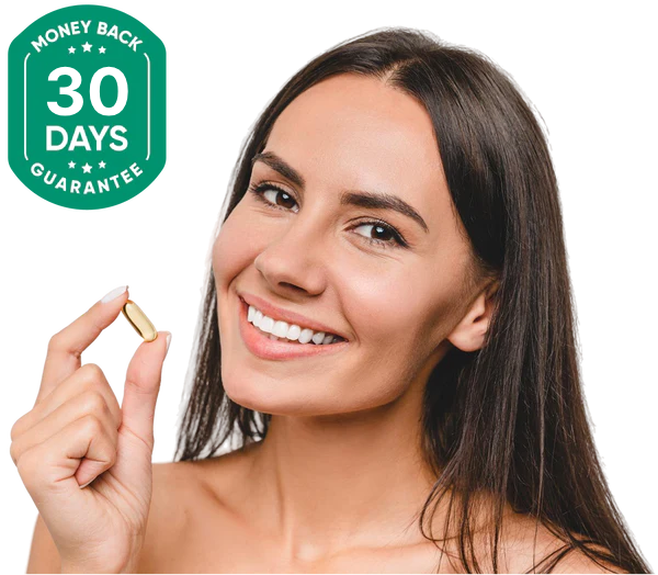 30-day guarantee woman holding softgel